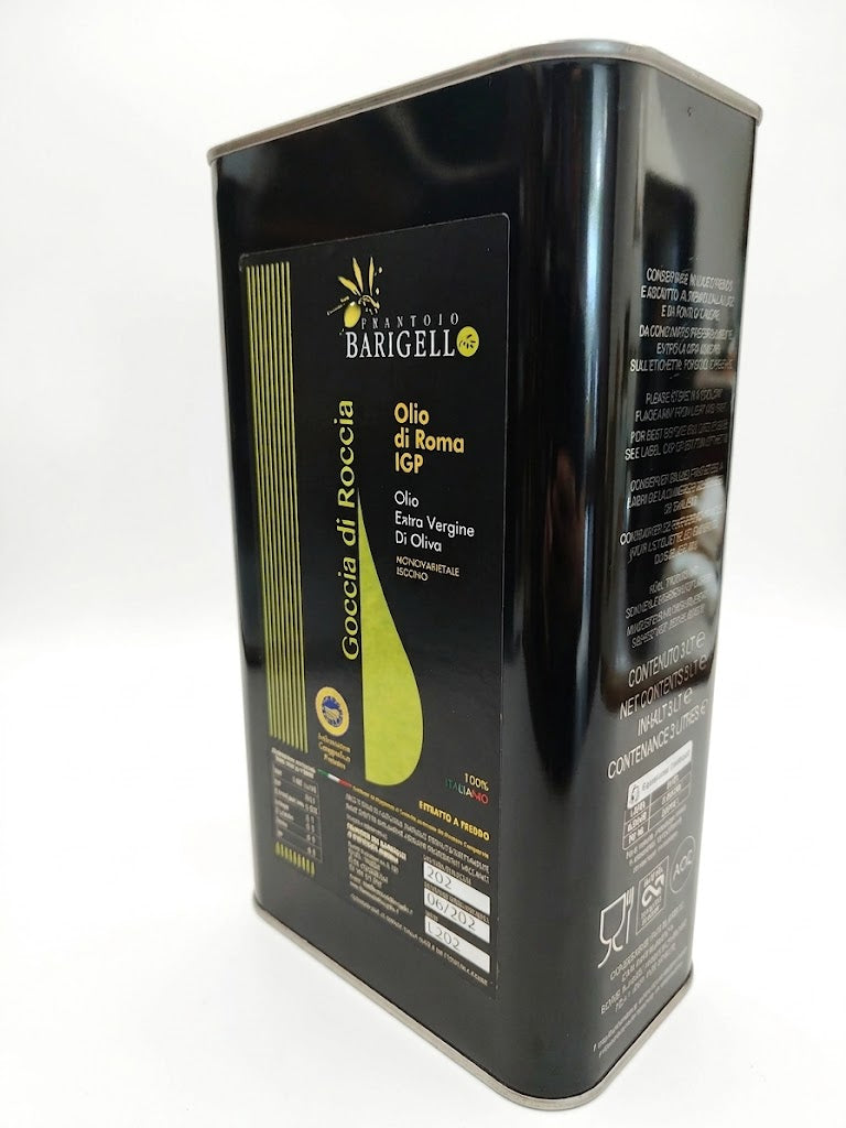 Olio Extra Vergine di Oliva - Goccia di Roccia - IGP Roma Monovarietale Leccino - 3 Lt. Confezionato in Lattina