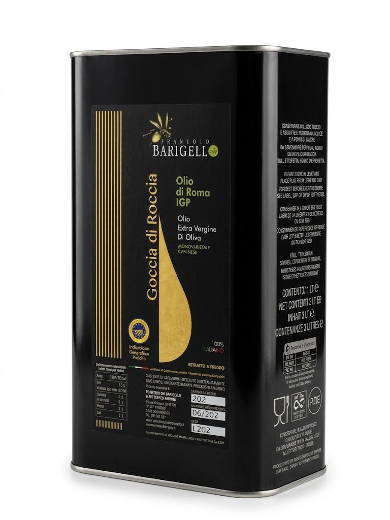 Olio Extra Vergine di Oliva - Goccia di Roccia - IGP Roma Monovarietale Caninese - 3 Lt. Confezionato in Lattina